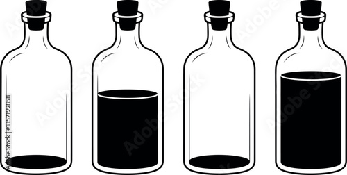 Four glass bottles with corks and different liquid levels