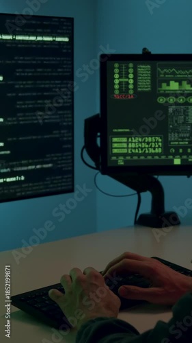 Focused asian man coding at dual monitors displaying complex data, with a gradual zoom in on the screens showcasing programming details and analysis