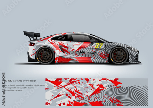 A bold red abstract GT racing wrap with artistic splatter patterns, delivering an energetic and expressive motorsport character.