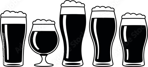 set of beer glasses with different shapes and foam