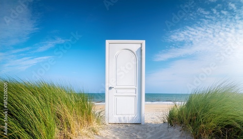 empty white door arch door and grass on the beach