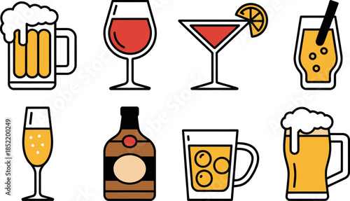 Set of various alcoholic beverages and drinks on white background
