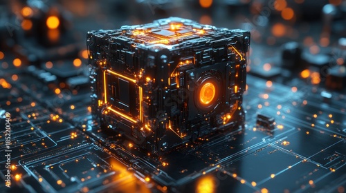 Futuristic glowing cube on circuit board, technological background