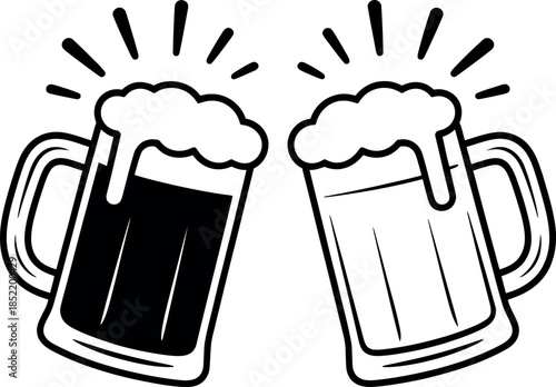 Two beer mugs with foam on top  one dark and one light