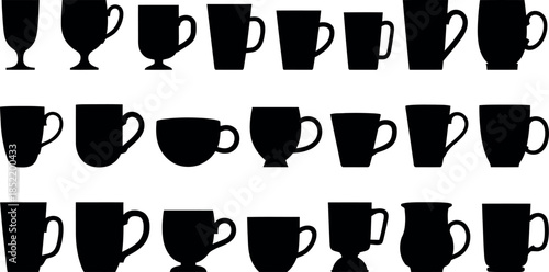 Various coffee tea cups silhouettes on white background
