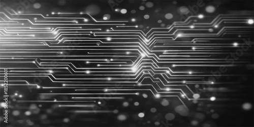 An abstract technology background featuring an integrated circuit board design with a digital processor microchip and electronic hardware lines representing a modern computer engineering concept