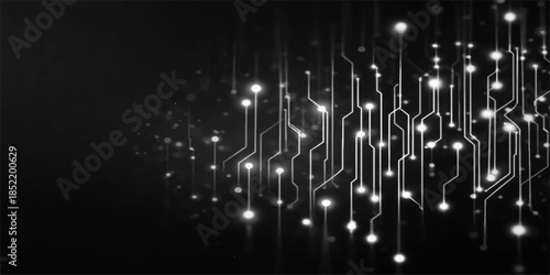 An abstract digital vector background features a glowing network of blue technology lines and 3d space stars resembling Christmas lights in an explosion of energy and artistic light design