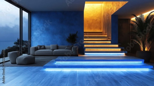 Modern home interior, evening view, blue walls, lit stairs