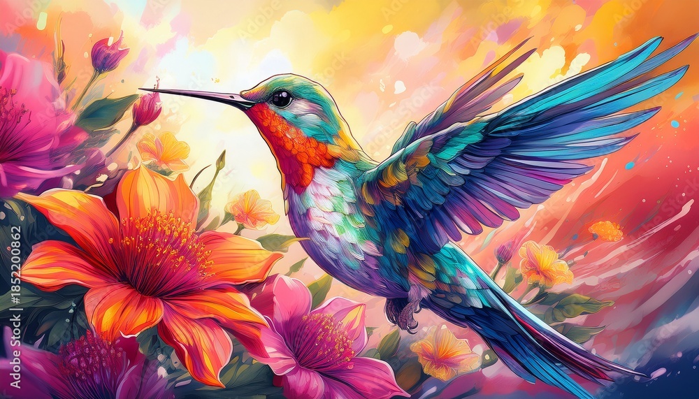 Obraz premium vibrant hummingbird amidst blooming flowers a breathtaking digital painting with rich colors and