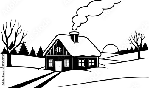 Cozy winter cottage with snow-capped roof and smoking chimney in simple outline style
