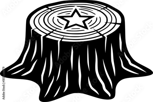 Black and white tree stump with star outline design

