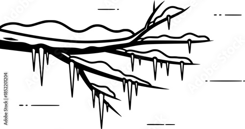 Line art tree branch with snow and icicles in winter scene
