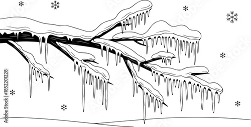Line art tree branch with snow and icicles in winter scene
