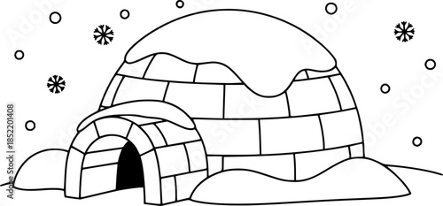 Simple line art of a cozy snow-covered igloo for coloring
