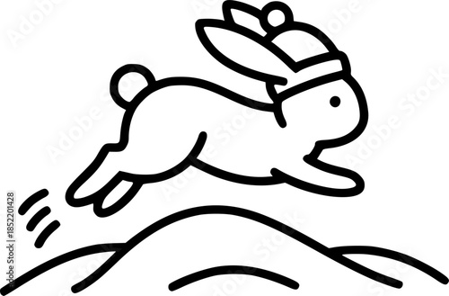 Cute bunny with winter hat leaping over snow in minimalist line art style

