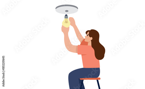 Woman replacing lightbulb in ceiling spotlight – home safety illustration