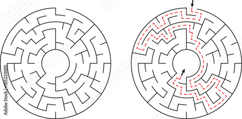 Circular Maze Solution Illustrating the Path to Overcome a Complex Problem and Challenge