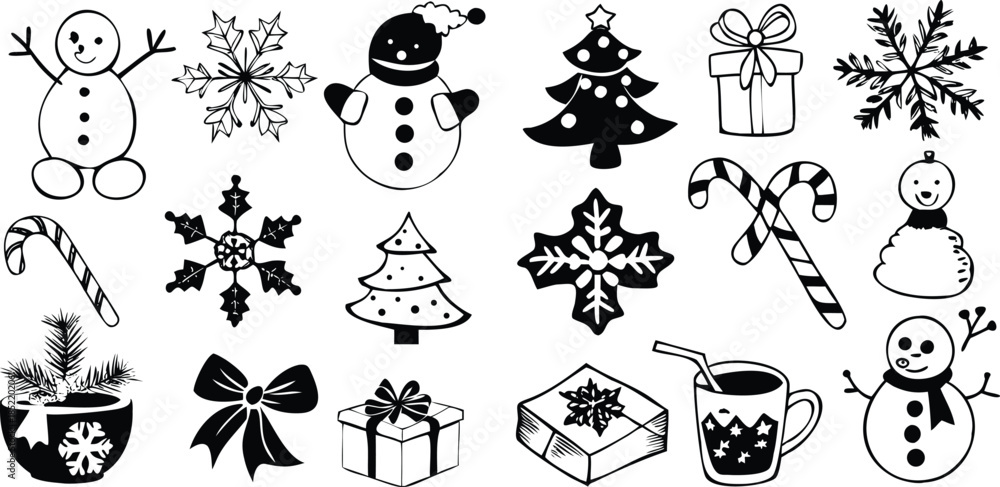 Fototapeta premium A collection of black and white Christmas images including a snowman, a tree, a candy cane, and a cup