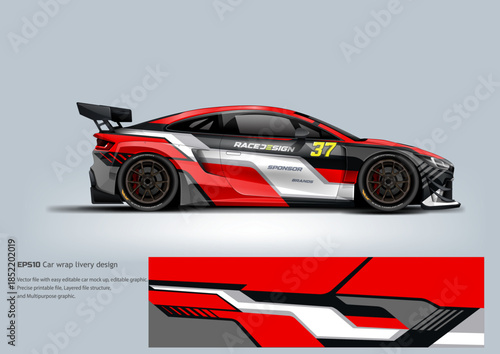 A dramatic red and black GT racing wrap featuring strong color blocks and sharp geometry for competitive motorsport identity.