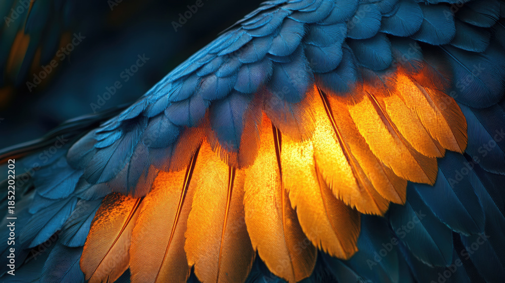 Fototapeta premium A stunning close-up of a macaw's vibrant wing feathers, revealing intricate textures and a beautiful spectrum of colors AI Generative