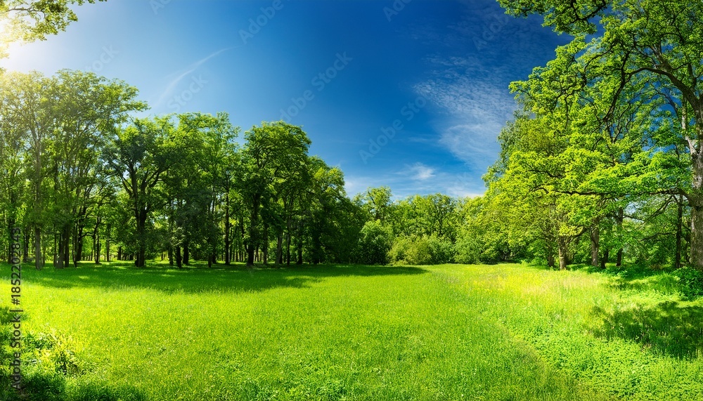 Obraz premium Panoramic Landscape Of Summer Forest With Trees And Green Glade On Sunny Day