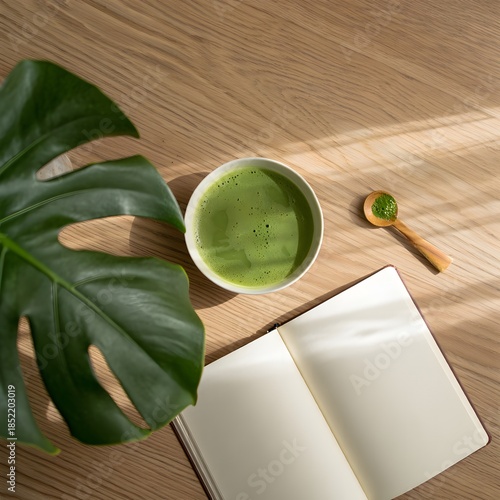 Zen Moment: A matcha-infused ritual with a tranquil ambiance. The scene unfolds a moment of peacefulness. A matcha bowl with spoon, a journal alongside Monstera leaf.