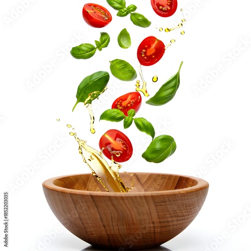 Culinary Symphony: A visually stunning composition of fresh ingredients gracefully cascade into a wooden bowl, symbolizing the art of culinary creativity. 