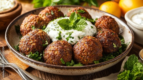 Freshly made falafel served on a plate with yogurt sauce and herbs at a dining table