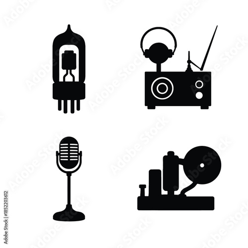 Vintage audio and communication device silhouettes on white background Keywords: audio, communication, vintage