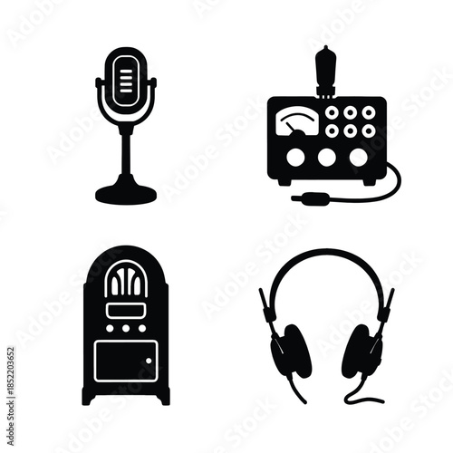 Vintage Audio Equipment Silhouettes on White Background vector batch