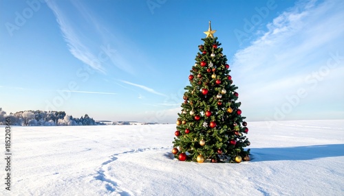 christmas tree in snowy meadow