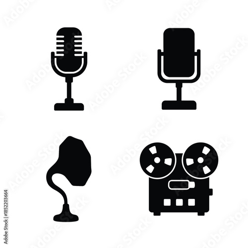 Vintage audio recording and playback equipment icons Keywords: microphone, retro microphone, old microphone, dynamic