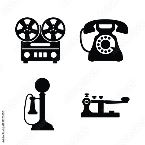 Vintage Communication Devices Silhouettes on White Background vector batch