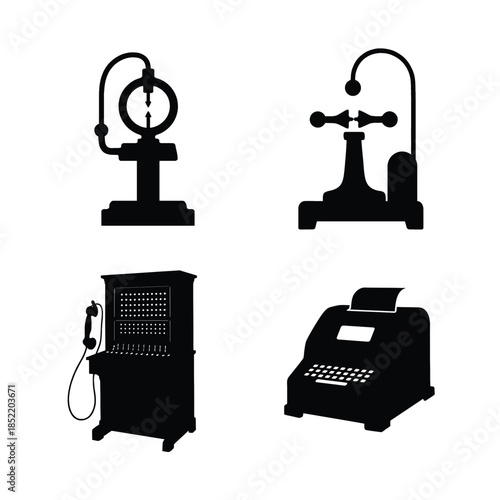 Vintage communication and calculation devices icons Keywords: telephone switchboard, manual telephone exchange