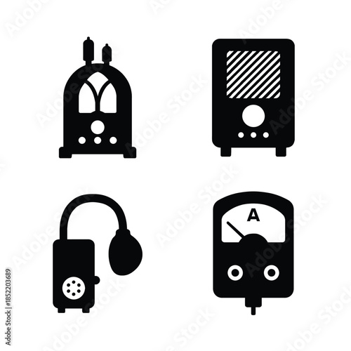 Vintage electronic devices icons including radio, meter and pump Keywords: vintage radio, antique radio, tube radio