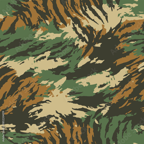 Camouflage seamless pattern. Forest real tree camouflage design. Hunting camouflage. Tiger stripe pattern. Tiger stripe camouflage pattern