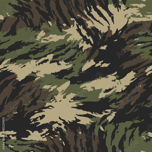 Camouflage seamless pattern. Forest real tree camouflage design. Hunting camouflage. Tiger stripe pattern. Tiger stripe camouflage pattern