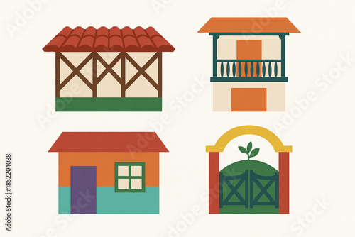 Coffee Region Architecture Icon Set with Bahareque Houses, Wooden Balconies and Farm Gates