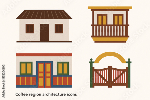 Coffee Region Architecture Icon Set with Bahareque Houses, Wooden Balconies and Farm Gates
