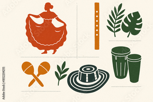 Colombian Caribbean Folklore Icon Set with Cumbia Dress, Maracas and Traditional Instruments