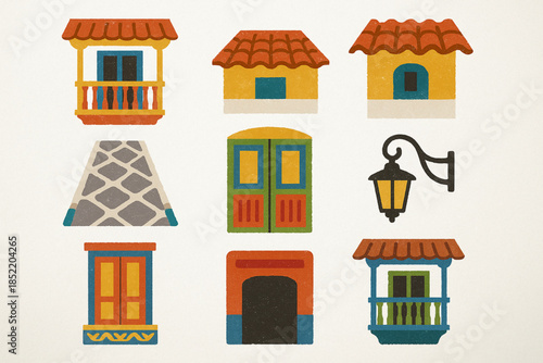 Colombian Heritage Towns Icon Set with Colonial Balconies, Colorful Doors and Cobblestone Streets