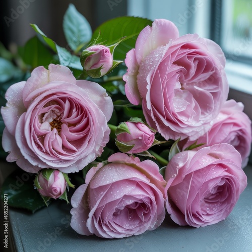 Delicate bouquet of pink roses lies on windowsill close-up. Perfect for wedding blog imagery, romantic brand content, floral shop advertising, home decor lifestyle magazines.