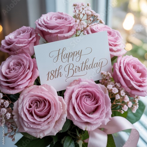 Delicate bouquet of pink roses by window with eighteenth birthday note. Perfect for birthday gift branding, coming-of-age celebration content, milestone greeting card design, personalized floral 