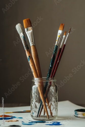 Assorted paintbrushes neatly arranged inside transparent glass jar, wooden table background. Perfect for online art store catalogs, interior design for creatives, productivity tool visuals, inspiratio