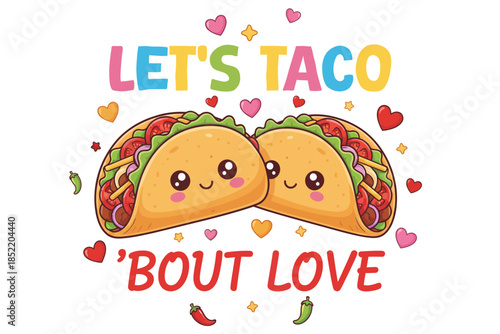 Cute kawaii tacos couple saying lets taco bout love illustration