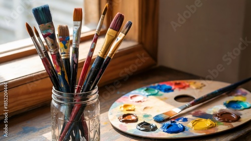 Artist brushes standing upright in clear glass jar on studio table. Perfect for art studio decor branding, creative workspace promotions, painting course materials, educational supply store marketing.
