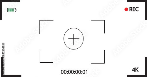 Camera viewfinder recording interface vector with rec indicator 4k label timestamp battery focus frame minimalist video UI design