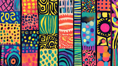 A vibrant and colorful abstract artwork composed of multiple individual panels. The panels showcase a diverse range of patterns, shapes, and hues. AI Generative © SK