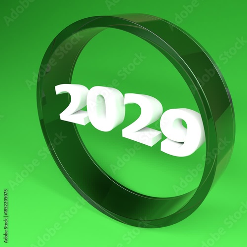 2029 inside turning glass circle, on green background - 3D rendering animation