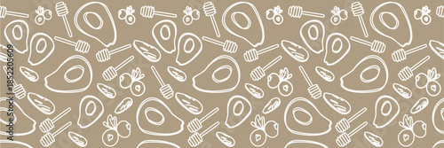 seamless flat vector pattern featuring fresh avocado halves, berries, nuts, and vegetables. A healthy superfood lifestyle concept with organic fruits, vibrant colors, and nutritious breakfast ideas